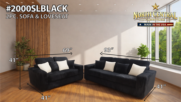 Black 2-piece sofa and loveseat set with white pillows in a bright room.