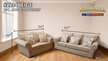 Beige 2-piece sofa and loveseat set with dimensions in a cozy living room.