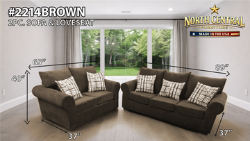 Brown 2-piece sofa and loveseat set with dimensions in a modern living room.
