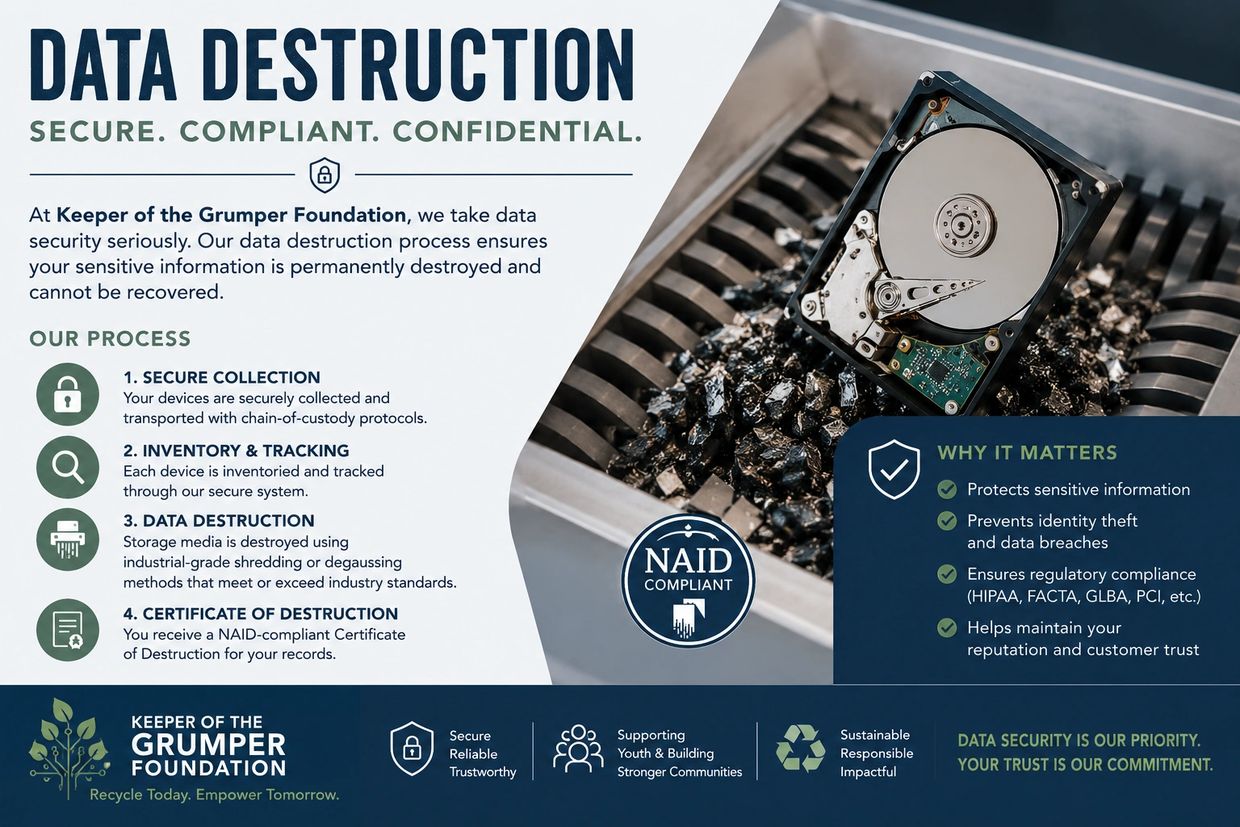 Data destruction process by Keeper of the Grumper Foundation ensuring secure, compliant, confidential handling of sensitive information.