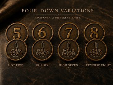 Four Down Games coin variations with distinct twists.