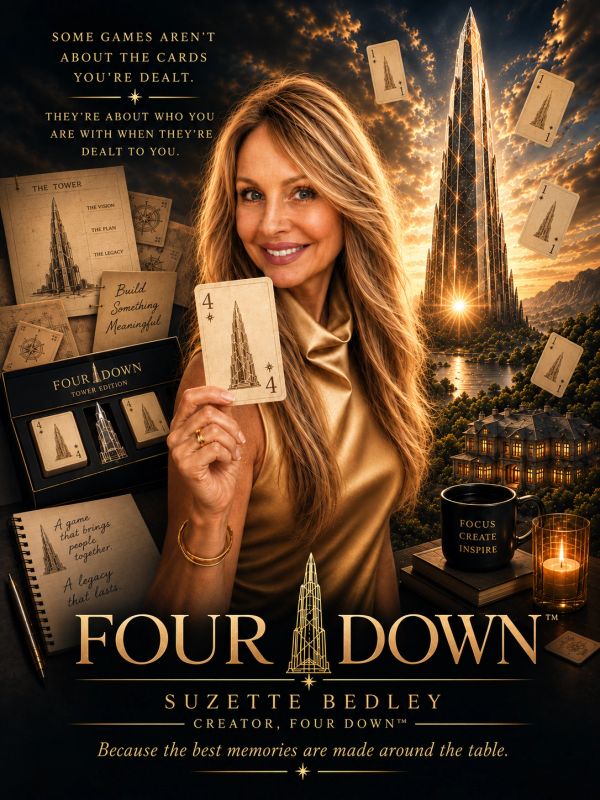 Promotional poster for Four Down card game featuring creator Suzette Bedley.