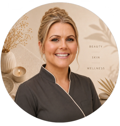 Smiling woman in spa uniform with wellness decor.