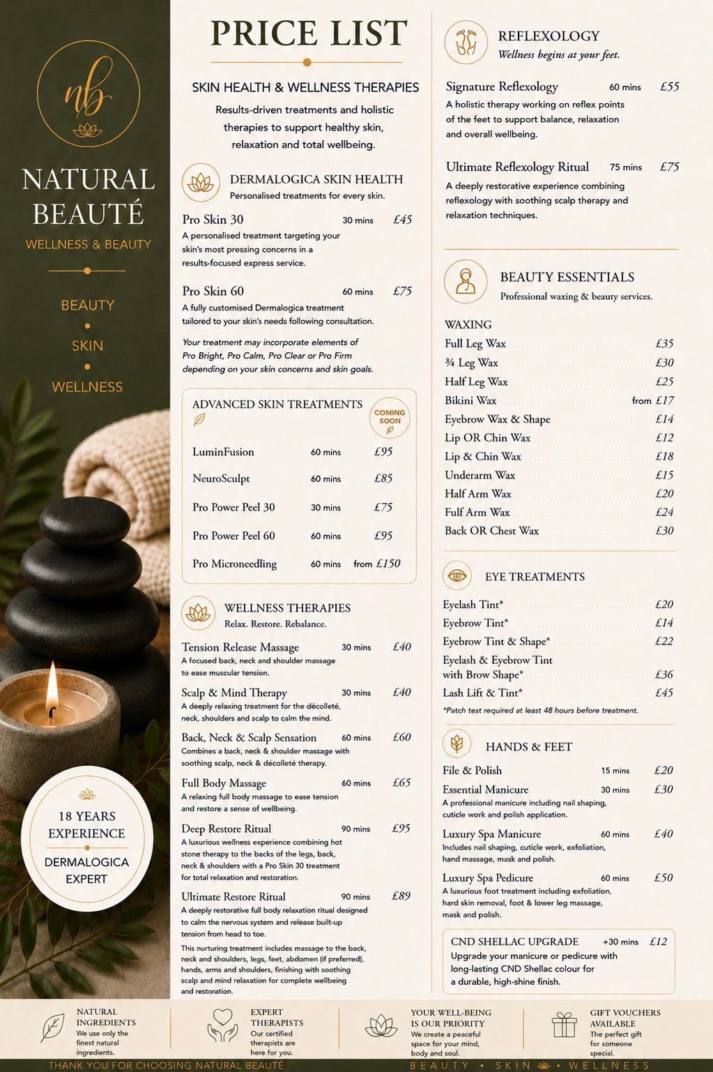 Natural Beauté price list for wellness, beauty, skin, and reflexology treatments.