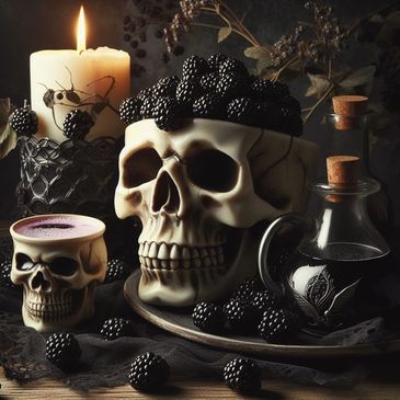 A large skull with the top removed and is being used as a bowl which contains blackberries