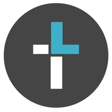 Minimalist logo with blue and white geometric shapes on a dark circle.