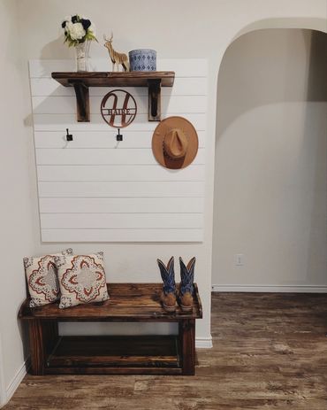 Entryway Bench with Shiplap Wall and Rustic Wood Shelf