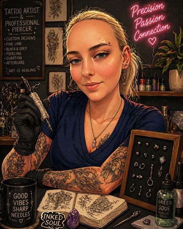 Tattoo artist with floral tattoos and piercing gear in a cozy studio.