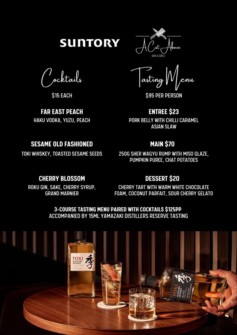 Suntory cocktail and tasting menu with whiskey and cocktails on a wooden table.