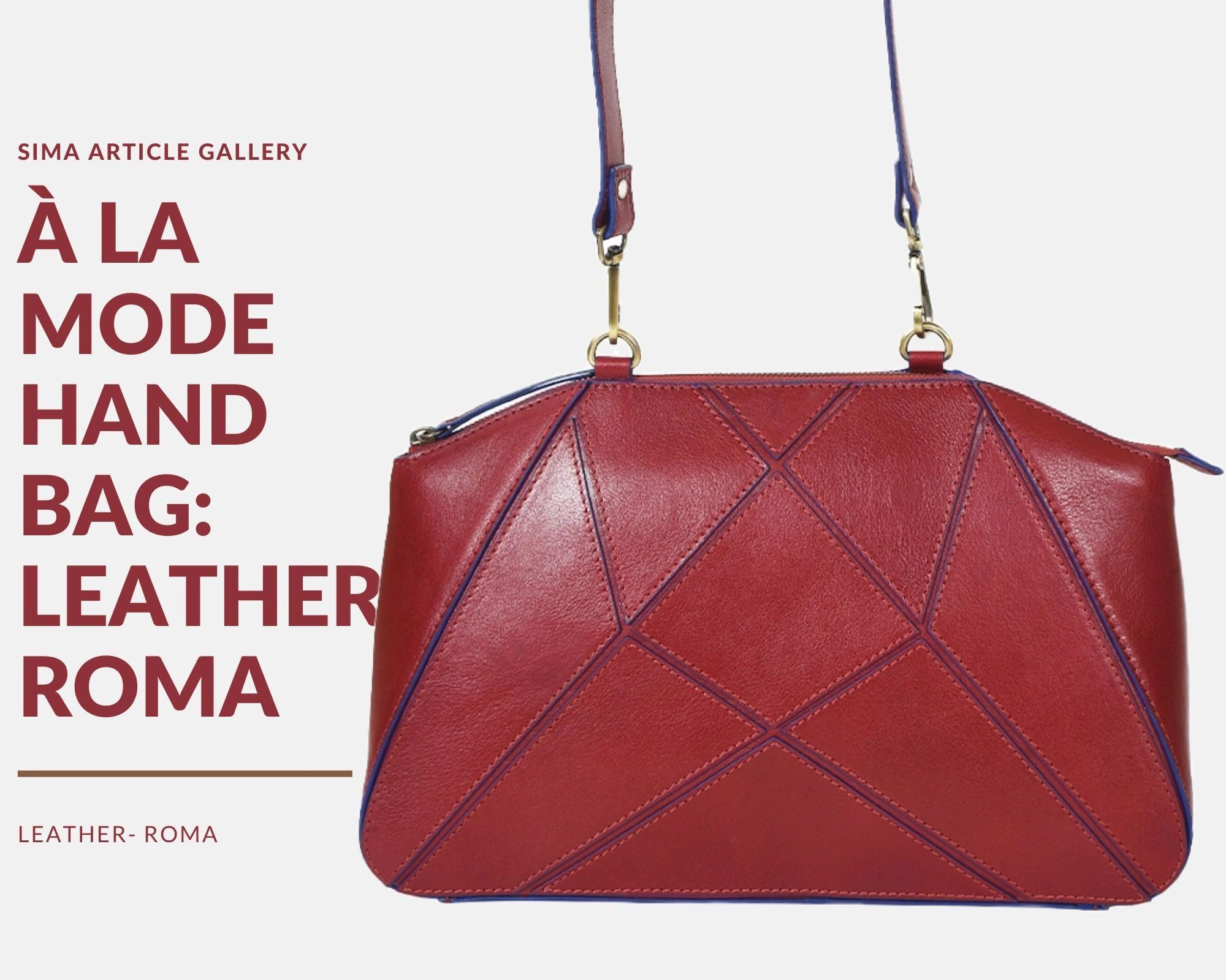 Elegant red leather handbag with geometric stitching and detachable strap.