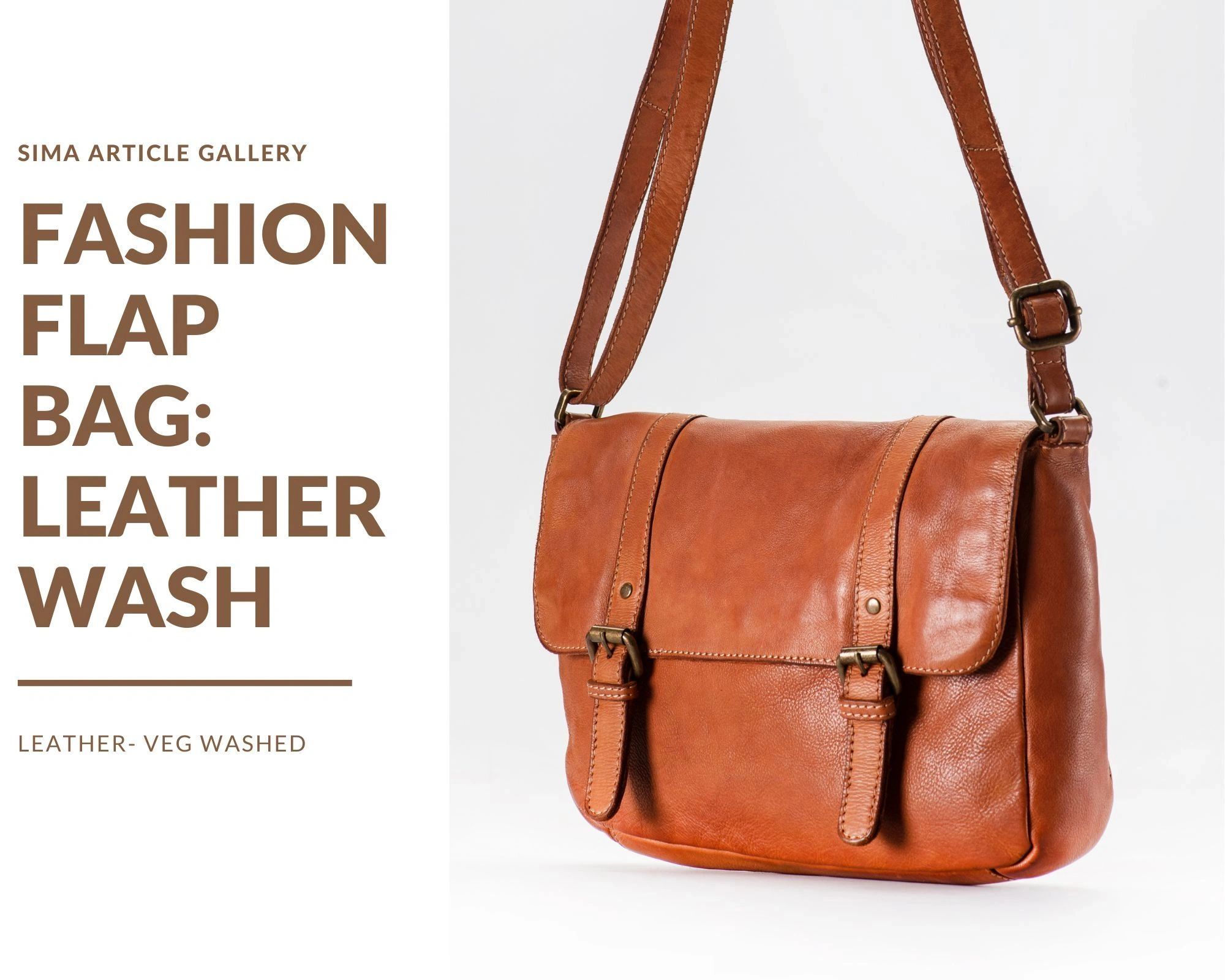 Brown leather flap bag with adjustable strap and buckles.