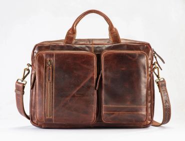 Brown leather briefcase with two front pockets and a shoulder strap.