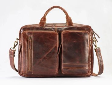 Brown leather briefcase with multiple compartments and a shoulder strap.