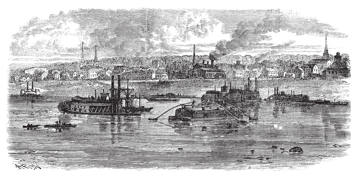 A historic illustration of the Ohio River in New Albany, Indiana