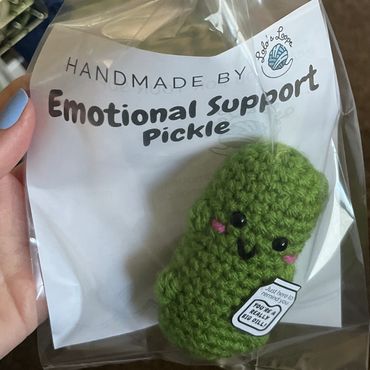 Handmade emotional support pickle plush in packaging.