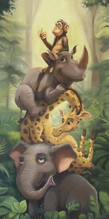 Angel M. Alvarez "Animal Stack" Oil on Canvas 12" x 36" Original Sold