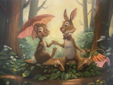 Angel M. Alvarez Artist and Oil Painter "Bunny Love" Oil on Canvas 18" x 24" Original Available