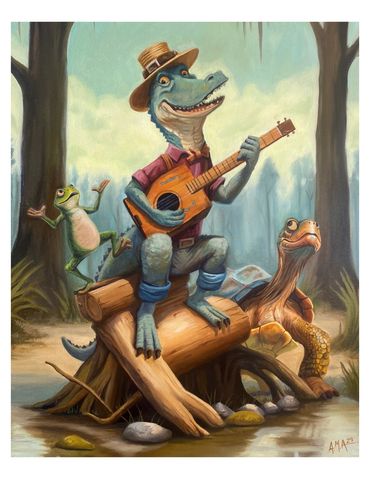 Angel M. Alvarez "Bayou Serenade" Oil on Canvas 18" x 24", Alligator playing Banjo in swamp Original