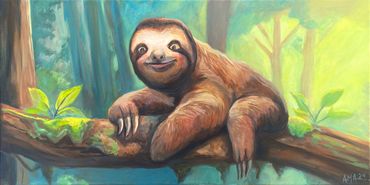 Angel M. Alvarez Artist and Oil Painter "Lounging Sloth" Acrylic on Canvas 12" x 24" Original Sold