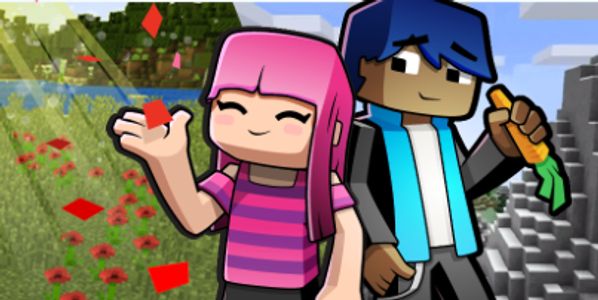 Two Minecraft-style characters, one with pink hair, the other with blue hair, standing outdoors.