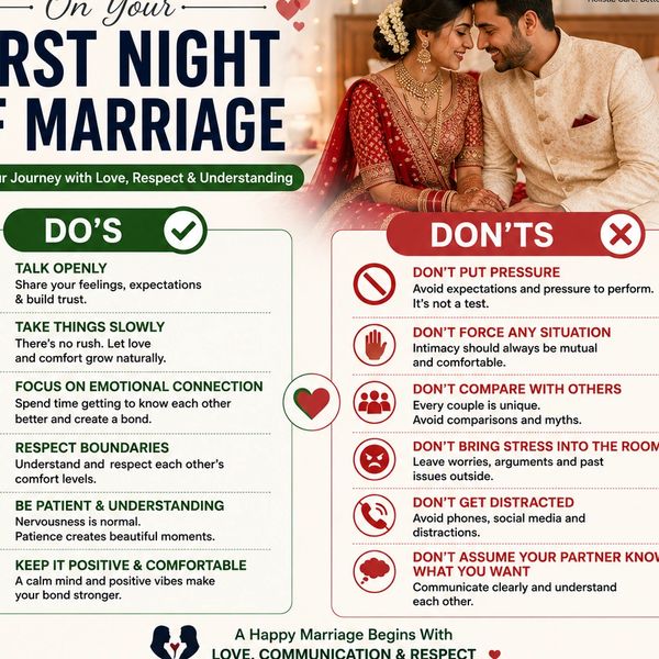 Learn the essential do's and don'ts for the first night of marriage. Expert relationship guidance fo