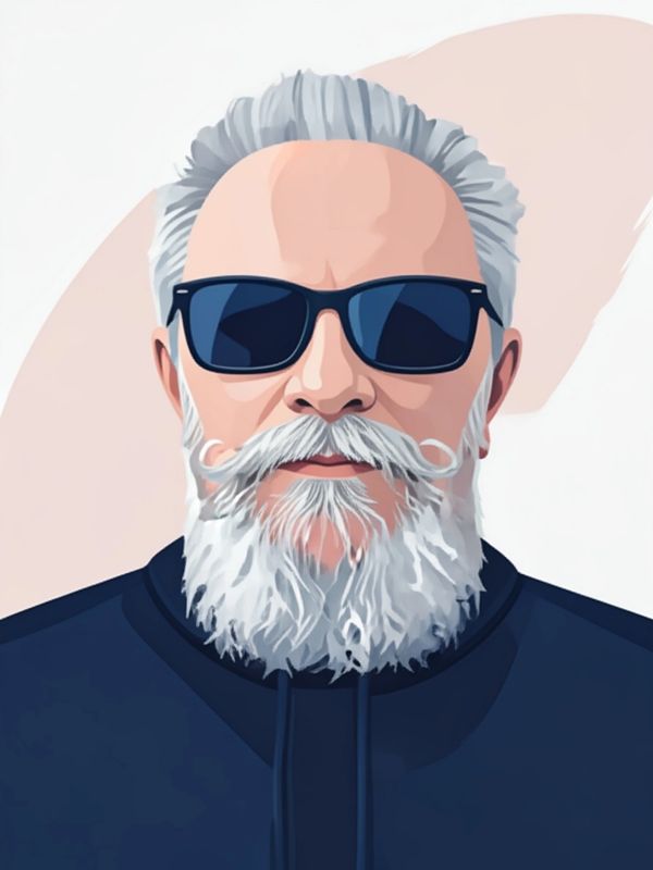 Stylish elderly man with white beard and sunglasses in digital art.