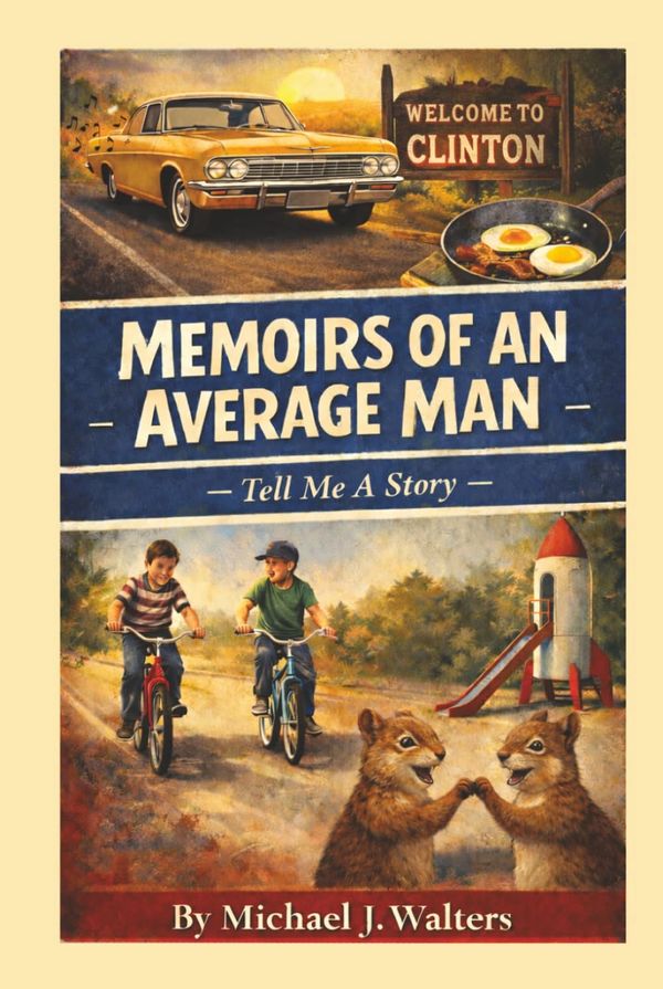 Book cover showing nostalgic scenes and two playful animals.