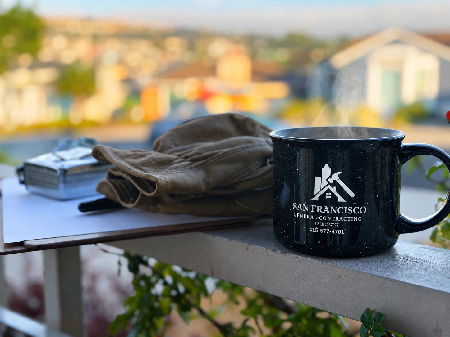 Steaming coffee mug with gloves and tools on a porch railing.