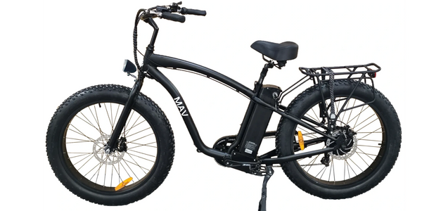 Matte black, fat tire MAVerick Step Over Electric Bike with black handle grips and seat.  750W motor