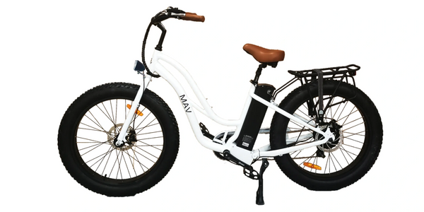 Whitey White 26" fat tire MAVerick Step Through Electric bike with brown seat and handle grips. 