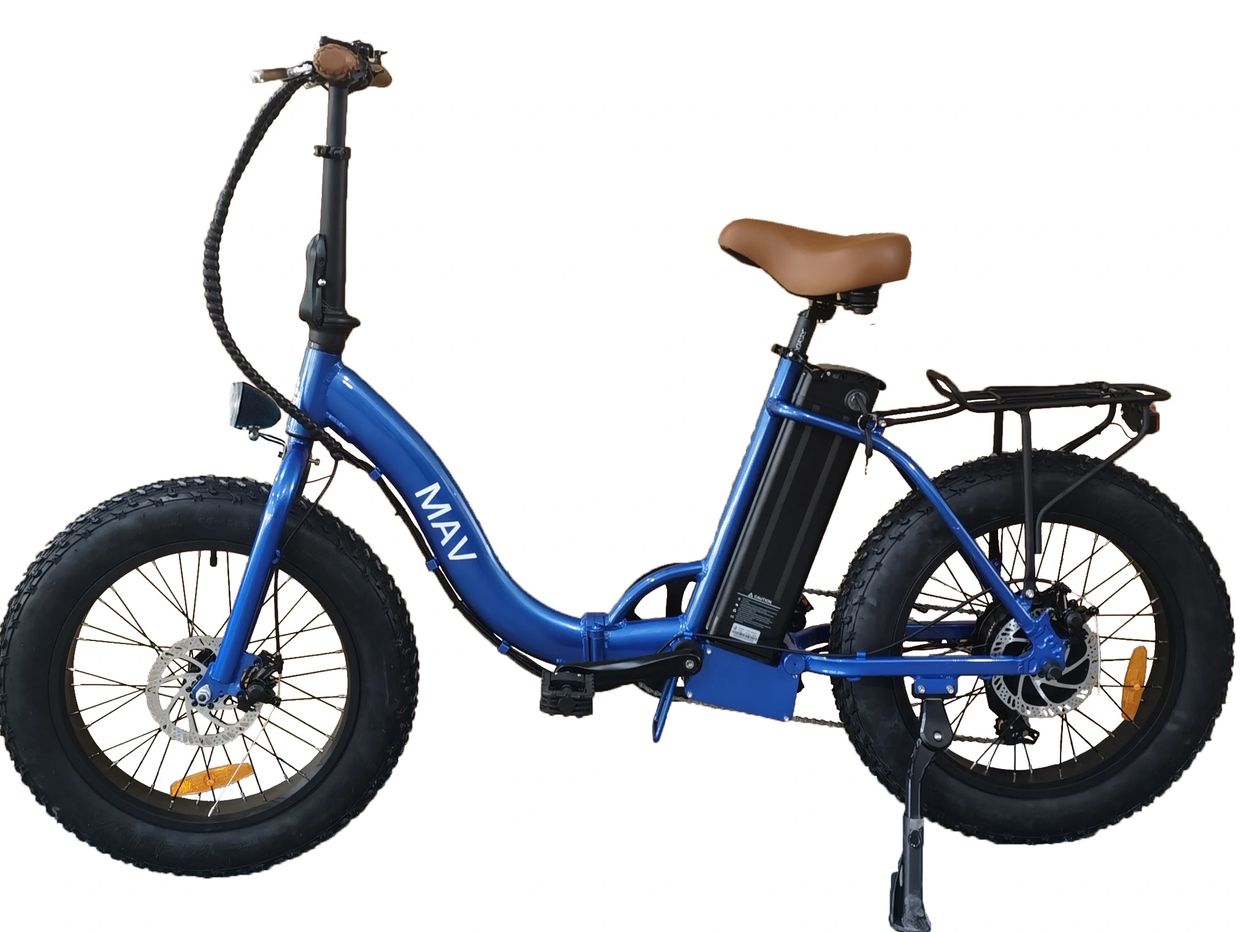Royal Blue fat tire Foldable Dexter Electric Bike with brown seat and handle grips
