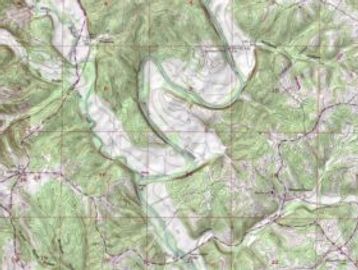 Topographic map showing terrain, water bodies, and roads in a mountainous region.