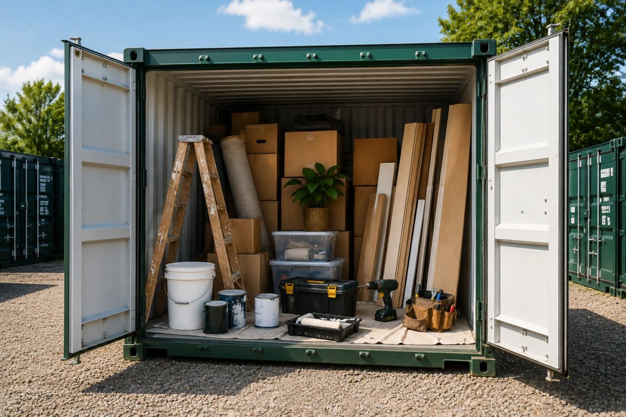 Open storage container filled with painting supplies, wooden boards, and boxes outdoors.