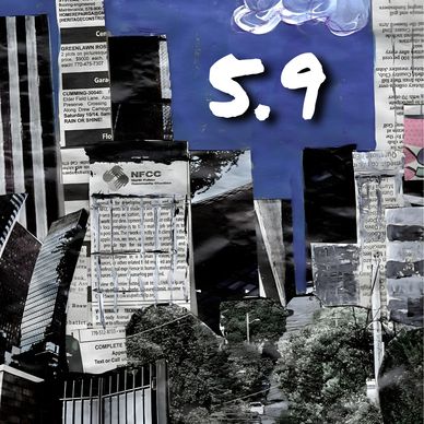 Collage of city buildings with a 5.9 sign in the sky.