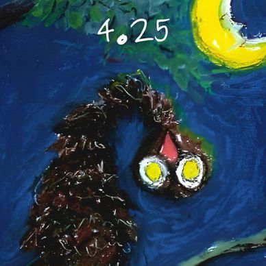 A whimsical owl with bright eyes under a crescent moon.