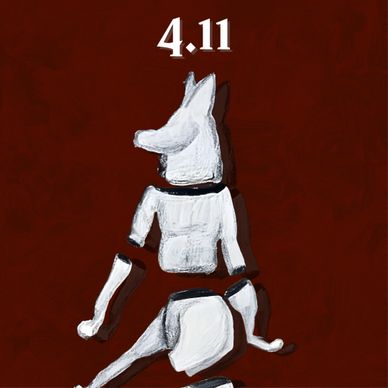 Abstract white figure resembling a seated dog on a dark red background with the number 4.11 above.