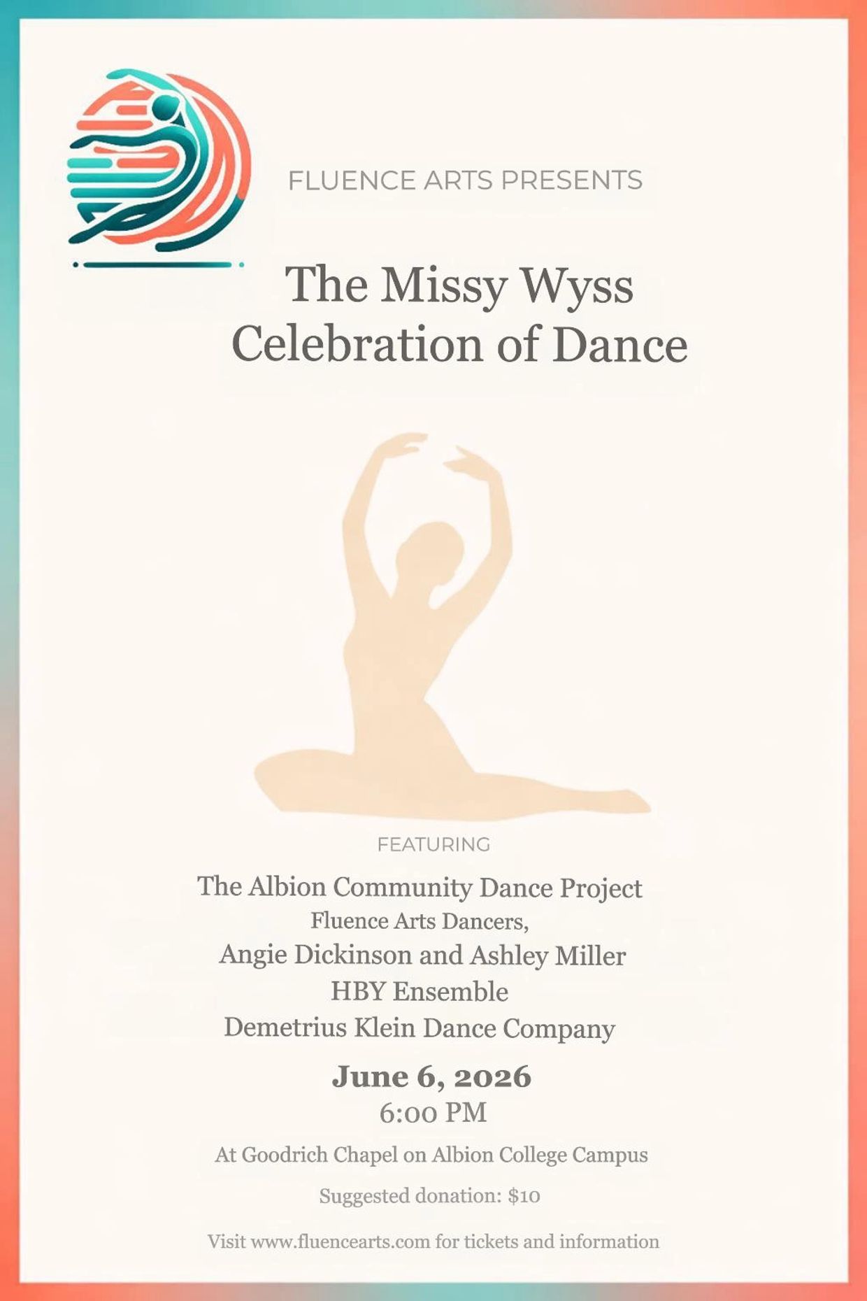 Flyer for The Missy Wyss Celebration of Dance event on June 6, 2026.