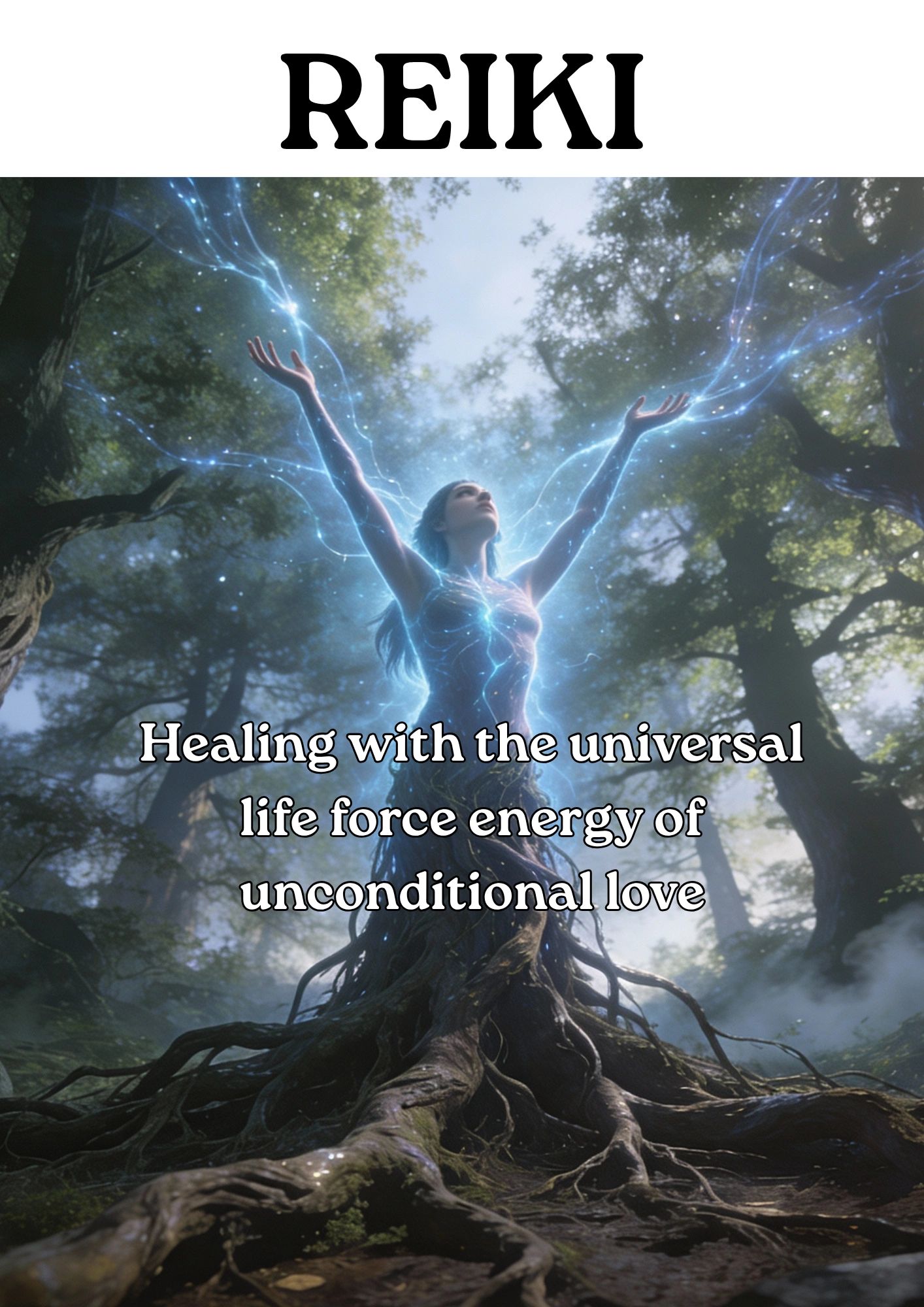 A woman glowing with energy in a forest, symbolizing Reiki healing.