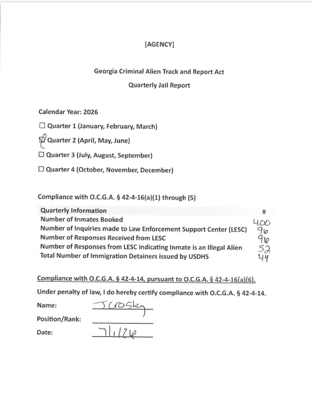 Georgia quarterly jail report for 2026 Q2 with inmate and immigration data.