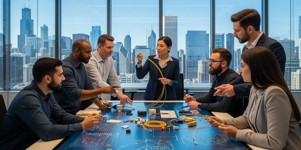 Liftoff Solutions LLC network engineers collaborate in a Chicago office with skyline views.