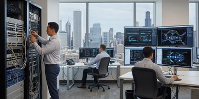 Engineers work with network equipment and digital diagrams in a modern Chicago officeskyline visible