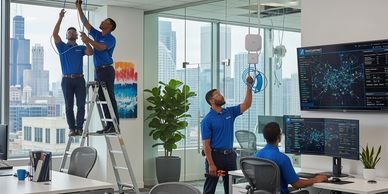 A professional team installs network cables and sets up wireless access points in a modern Chicago 