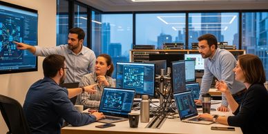 Team of professionals collaborating on network diagrams in a modern office.
