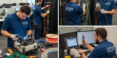 technicians Liftoff Solutions LLC shirts are performing fiber optic installation and splicing
