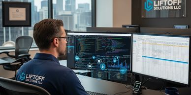 specialist  Liftoff Solutions LLC reviewing firewall settings and compliance reports in a secure 