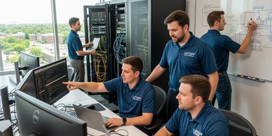 IT professionals Liftoff Solutions LLC are working together on servers , teamwork and technology.