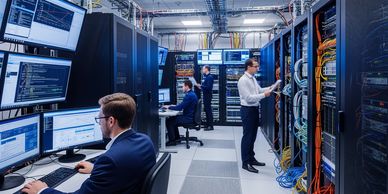 secure, modern server room in Illinois with IT professionals managing Linux and Windows servers