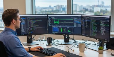 network engineer in a modern Midwest office writing custom scripts and automation code for network m