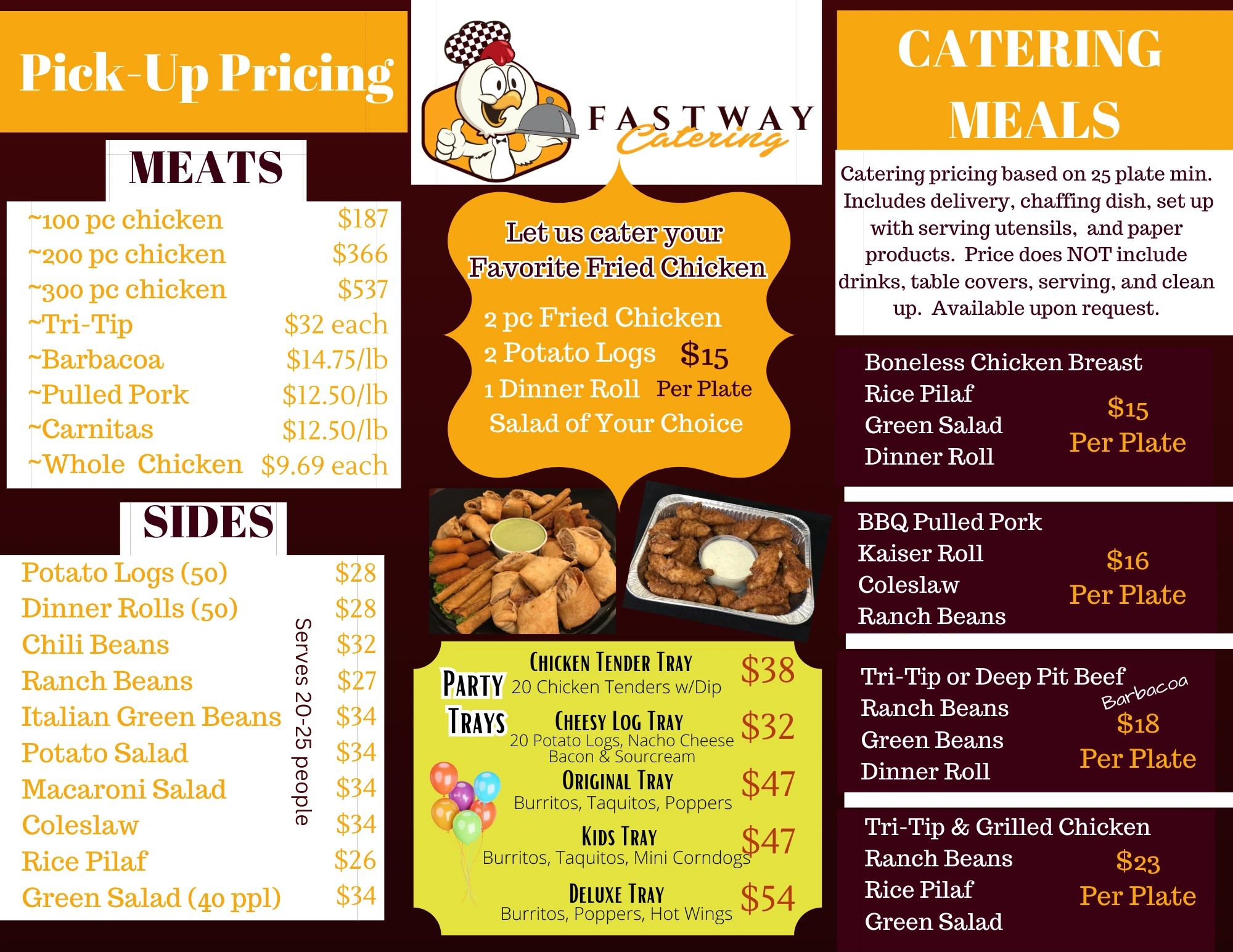 Fastway Catering menu with pick-up pricing, catering meals, party trays, and sides.