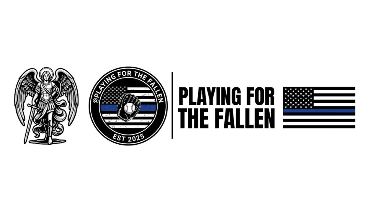 Logos and text supporting 'Playing for the Fallen' with patriotic and baseball themes.